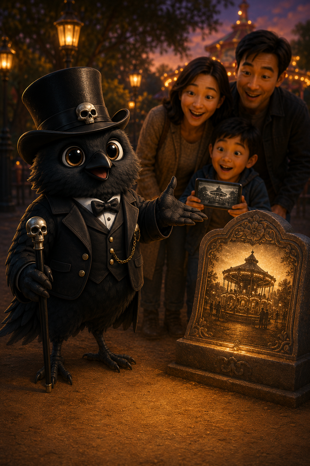 Angus the crow with a family at the park