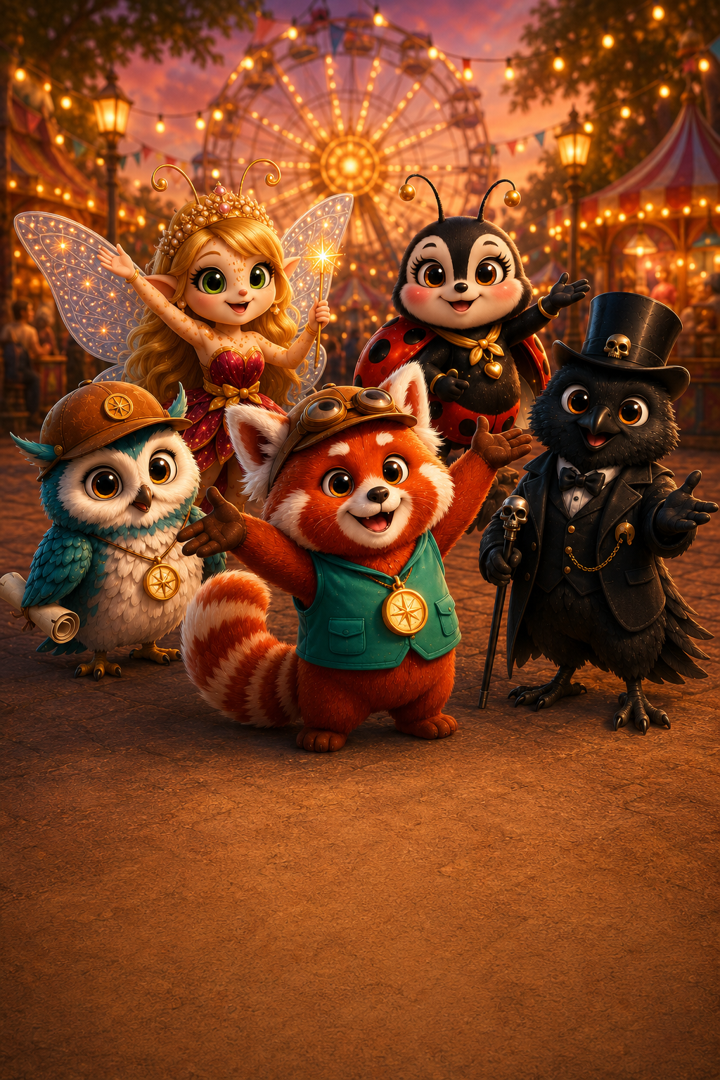 Sage, Glimmer, Walter, Ruby and Angus together at a theme park at golden hour