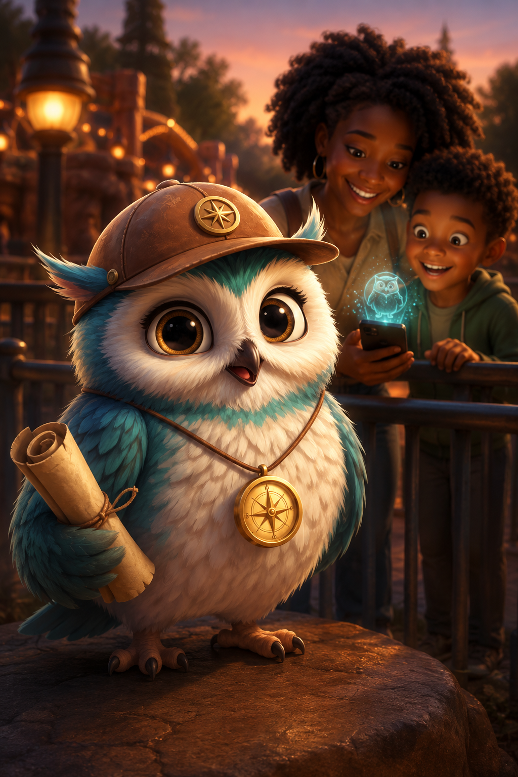 Sage the owl with a family at the park