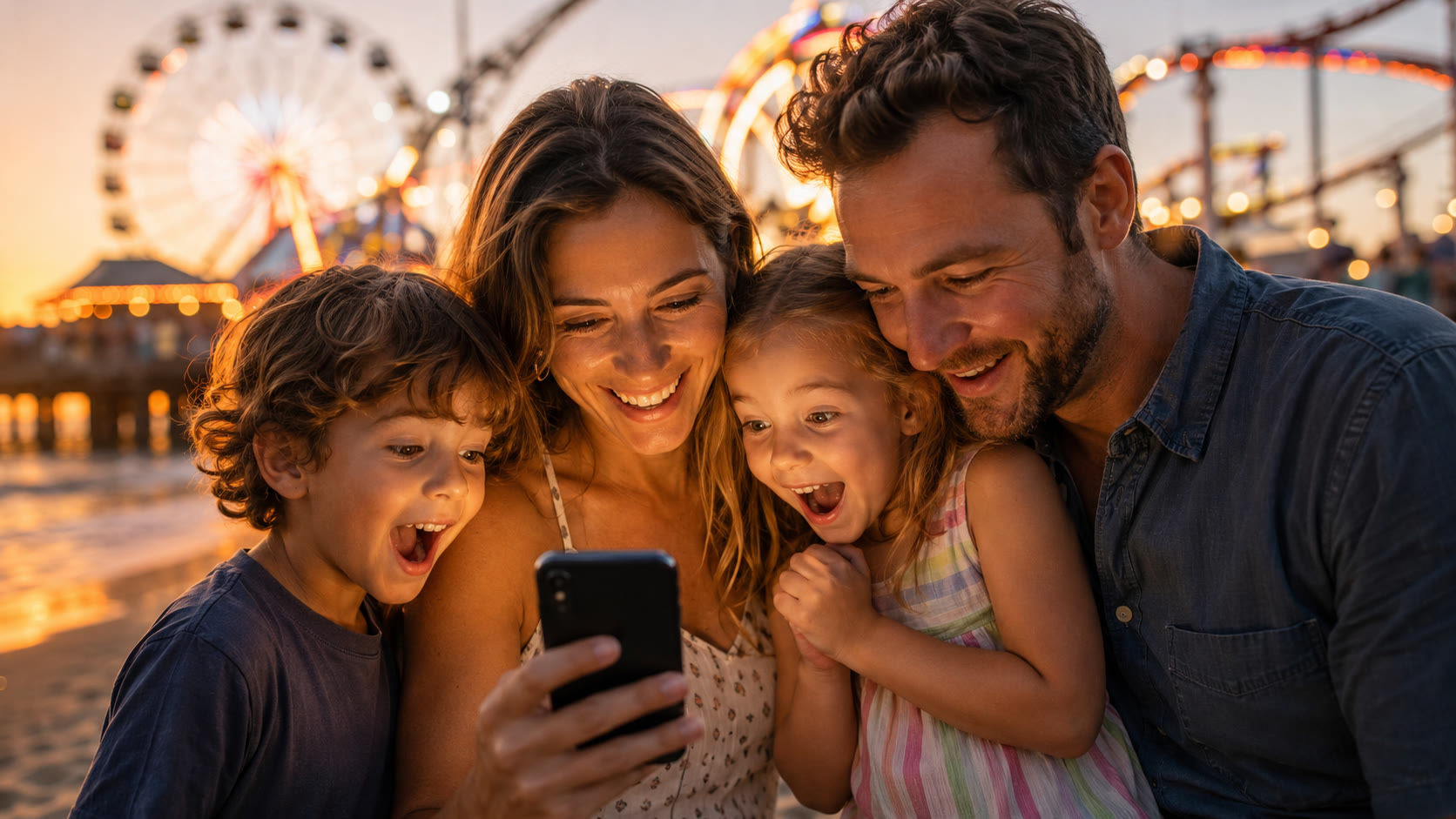 A family exploring a theme park together, sharing the QueXplorer app
