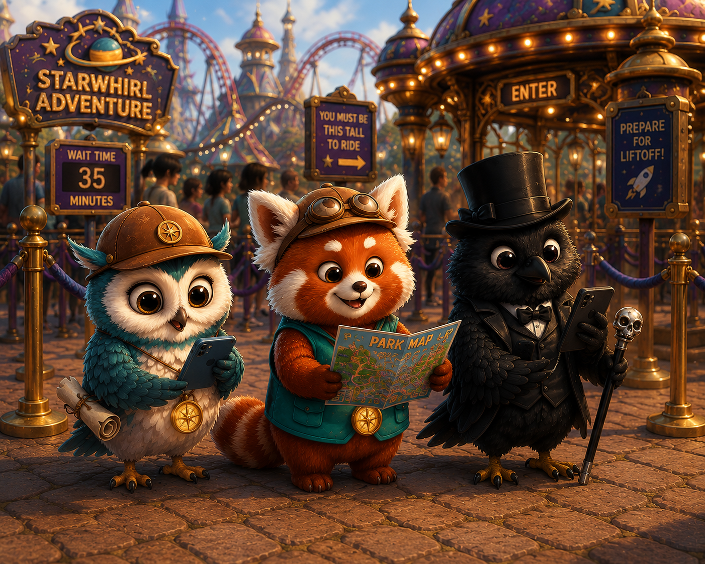 Sage, Walter and Angus standing in a theme park queue