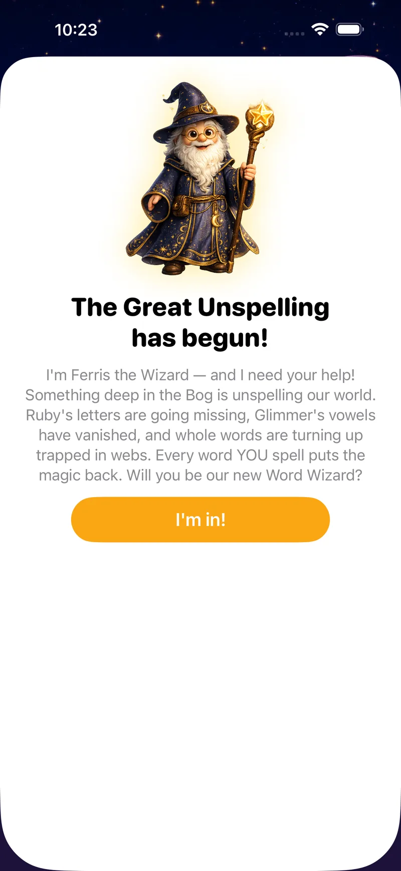 Spelliverse welcome screen — Ferris the Wizard recruits a new Word Wizard