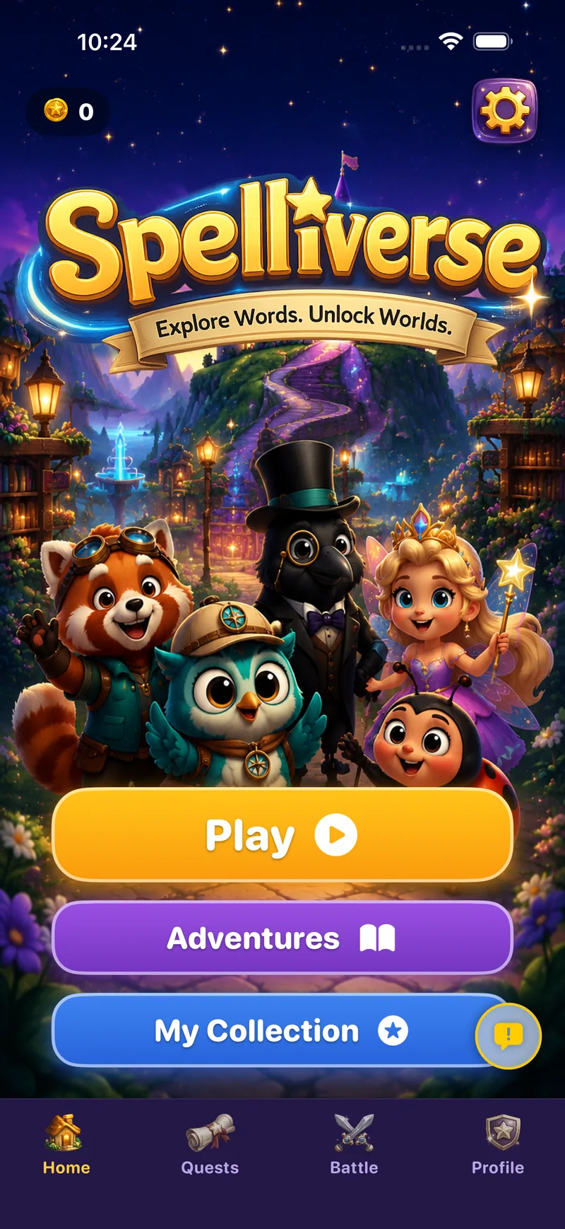 Spelliverse title screen with Play, Adventures, and My Collection buttons