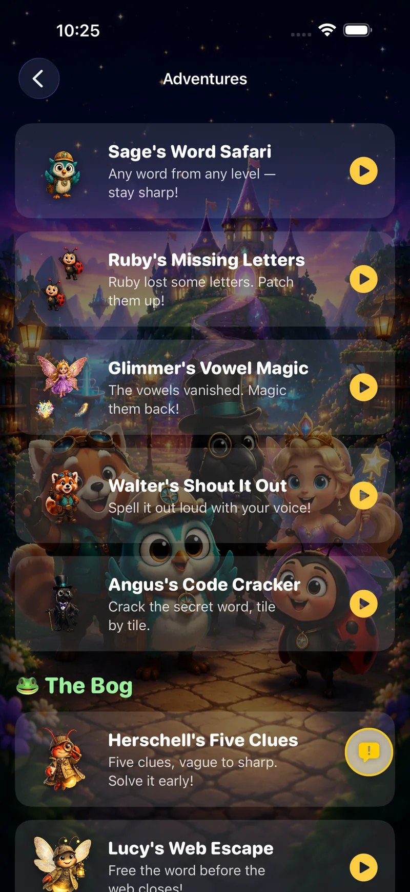 Spelliverse adventure list showing eight spelling mini-games hosted by the cast