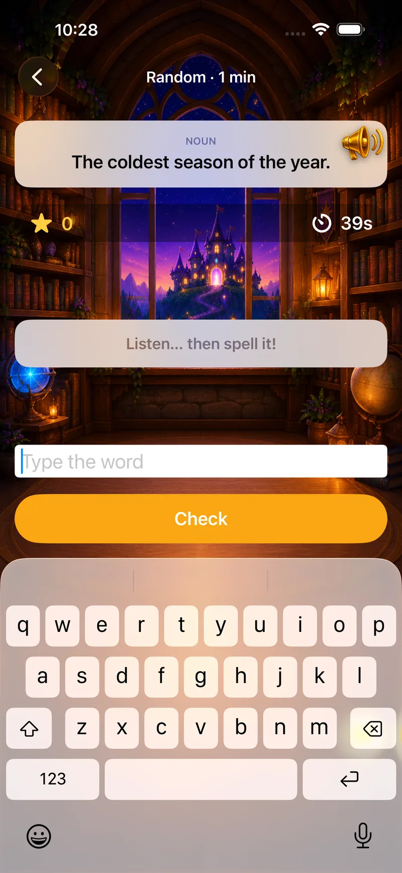 A Spelliverse spelling round — hear the word, its definition, and spell it