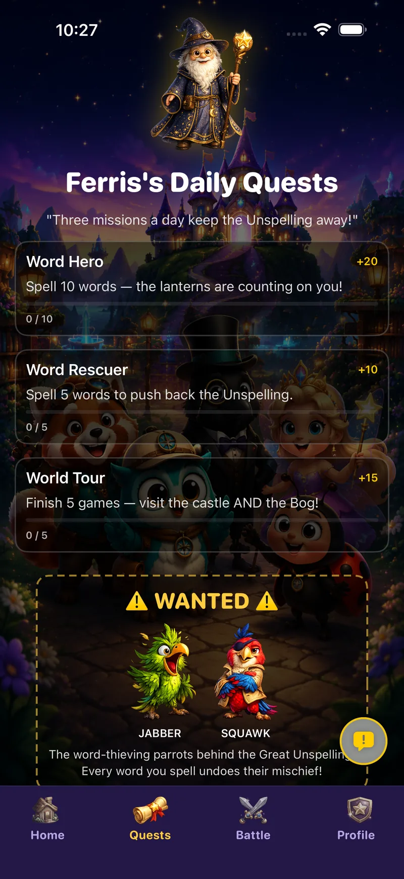 Spelliverse daily quests screen with a WANTED poster of villains Jabber and Squawk